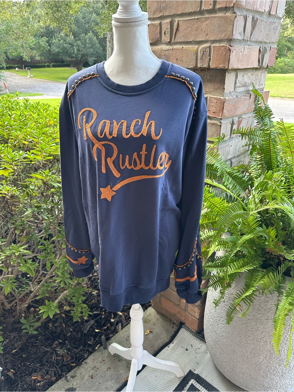 Double D Ranch Navy Crewneck Sweatshirt with Orange Script